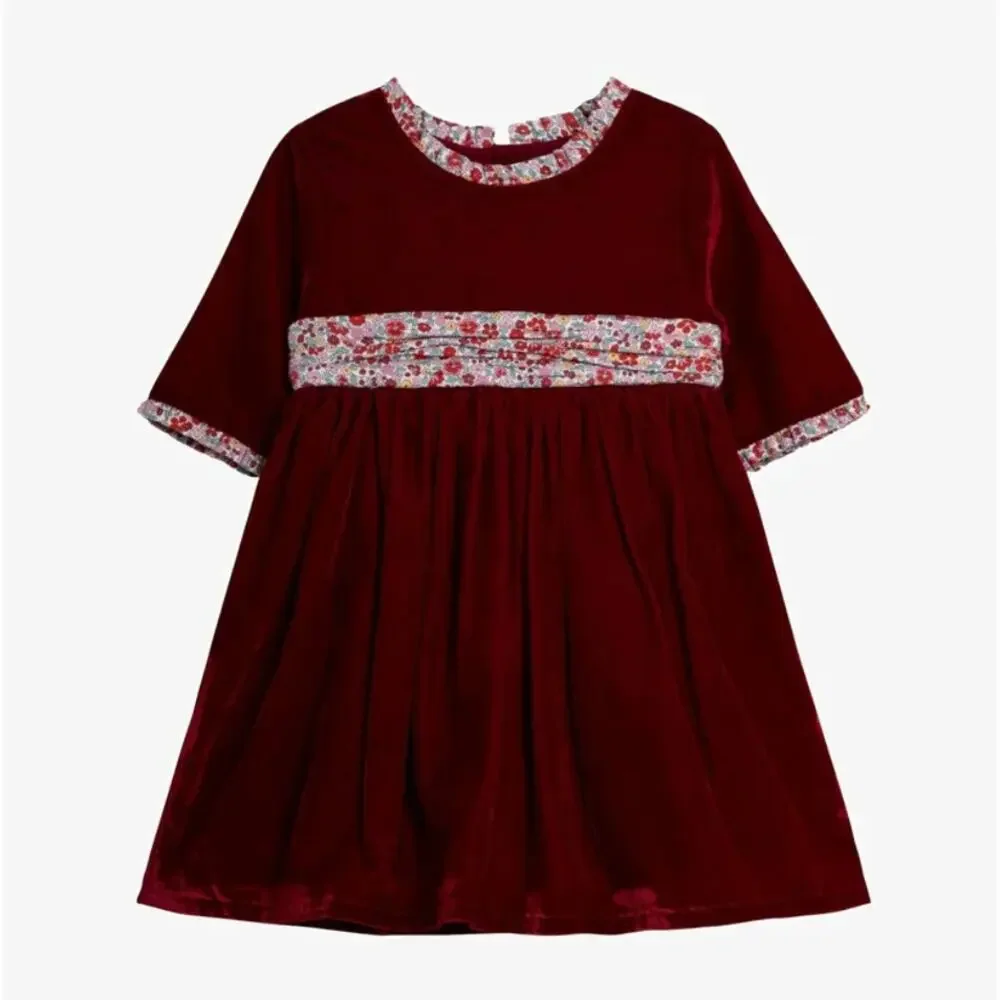 New Jojo Maman Bebe Lined Floral Tie Maroon Velvet Holiday Dress 6-12 months